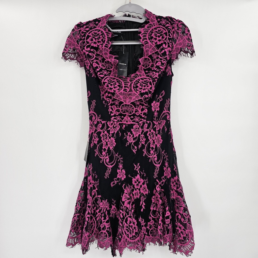 NEW‎ BEBE Valorie Lace Godet Dress Size 0 Pink Black Lined Short Juniors Party